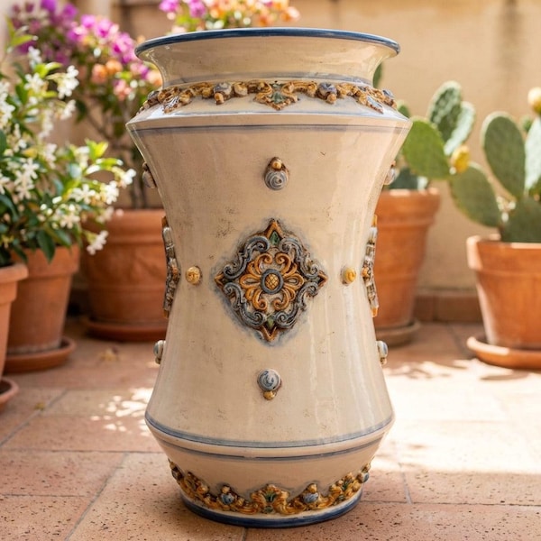 Ceramic Umbrella Stand Albarello, Handmade Blue Orange Italian Pottery, Large Caltagirone Vase, Entryway Decor