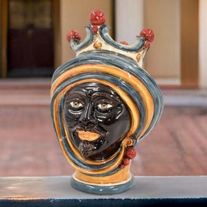 Handmade Sicilian Moorish Head Vase, Black Ceramic Male Figure Planter