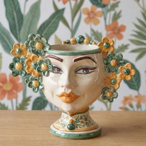 Handmade Ceramic Moorish Head Vase, Green Orange Floral, Caltagirone Italian Pottery Planter