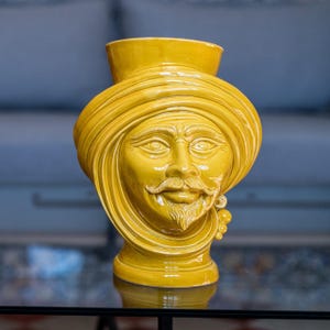 Monochrome Yellow Moorish Head, Ceramic Face Vase, Testa di Moro, Male