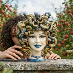 May include: A ceramic head sculpture featuring a woman with blue lips and a necklace, adorned with a crown of sculpted green and yellow snakes. The piece has a glossy finish with blue spherical accents on top and a blue base, showcasing detailed facial features.