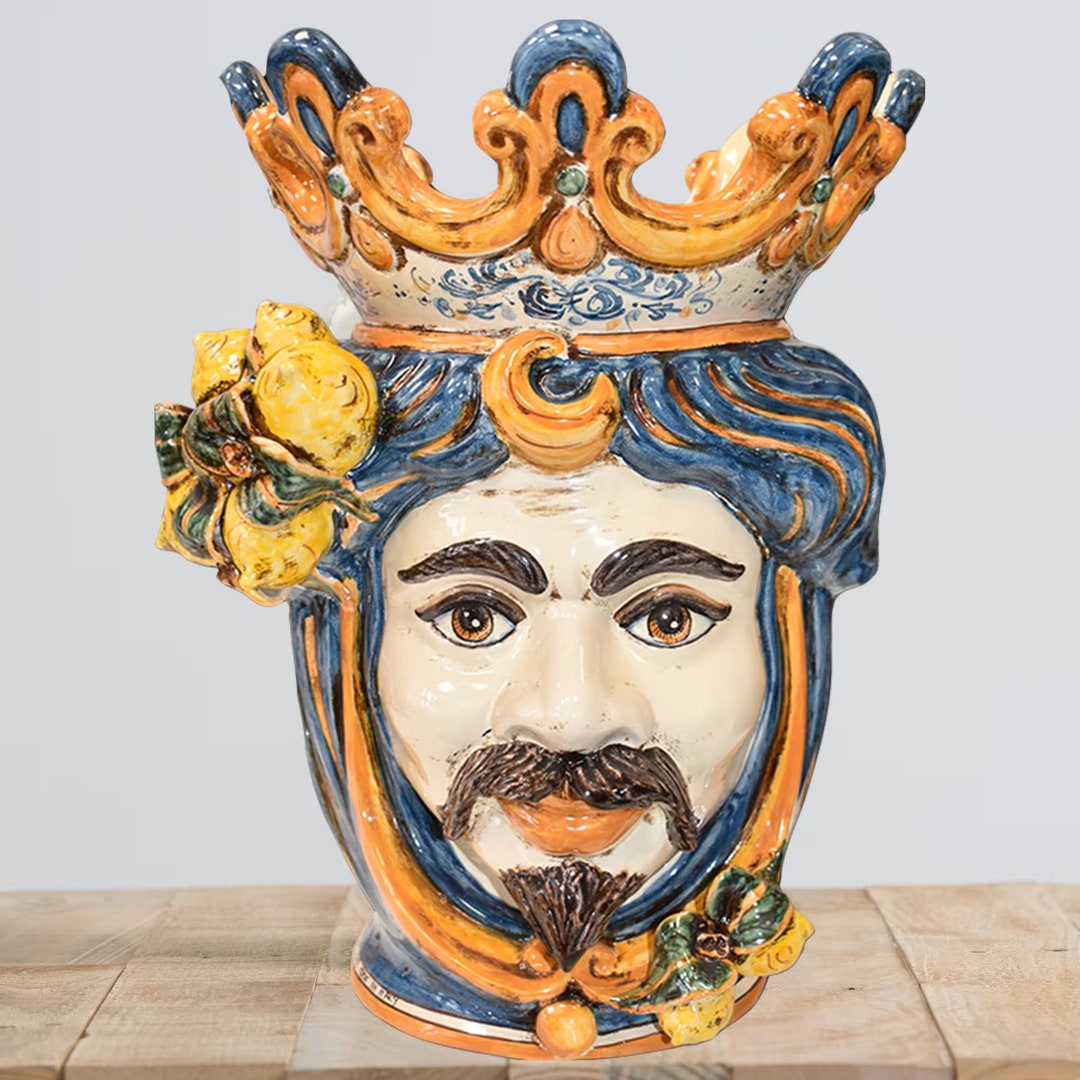 Sicilian Head Planter With Lemon Decoration, Blue and Orange, Testa Di