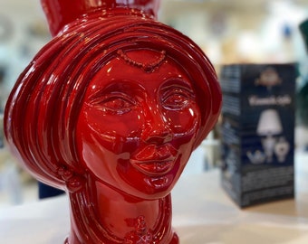 Monochrome Red Moorish Head, Ceramic Face Vase, Testa di Moro, Female