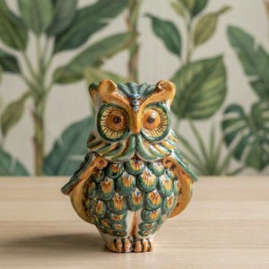 Handgemachte Eule in Grün- und Orangetönen, 15 cm, Keramikkunst aus Caltagirone, sizilianisches Wohndekor