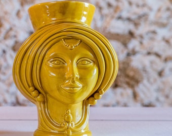 Monochrome Yellow Moorish Head, Ceramic Face Vase, Testa di Moro, Female