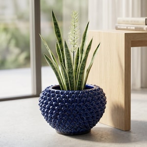 Vaso de cerâmica em formato de pinha azul-escura, feito à mão em cerâmica Caltagirone, estilo Pigna siciliano.
