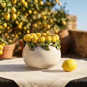 Può includere: Una ciotola in ceramica color bianco sporco con un bordo decorativo di limoni gialli e foglie verdi scolpite. Un singolo limone giallo fresco è appoggiato sulla superficie accanto alla ciotola, che presenta una finitura liscia e lucida.