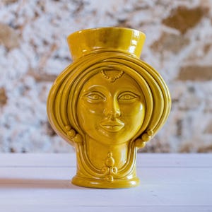 Monochrome Yellow Moorish Head, Ceramic Face Vase, Testa di Moro, Female