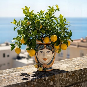 Handmade Sicilian Ceramic Head Vase, Caltagirone Female Lemon Motif, Italian Pottery Decor
