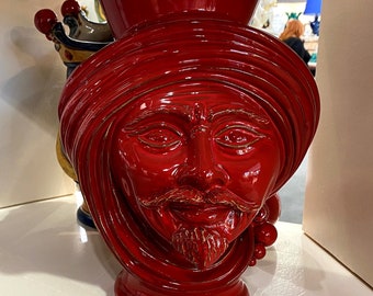 Monochrome Red Moorish Head, Ceramic Face Vase, Testa di Moro, Male