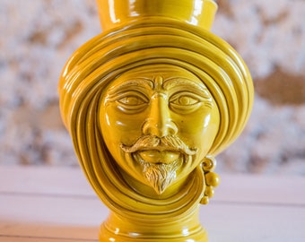 Monochrome Yellow Moorish Head, Ceramic Face Vase, Testa di Moro, Male