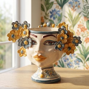 Handmade Ceramic Moorish Head Vase, Blue Orange Floral, Italian Caltagirone Pottery