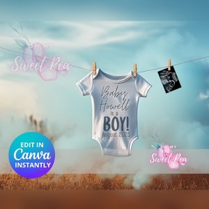 Annuncio di gravidanza Blue Smoke, Annuncio di nascita a tema It's a Boy, modello di carta digitale personalizzato personalizzato, Rivelazione del genere a sorpresa
