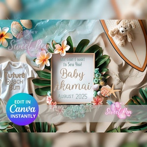 Faire-part de grossesse surf hawaïen, faire-part de bébé, modèle de carte numérique personnalisé personnalisé, j'ai hâte de vous voir Beach Bum MODIFIABLE