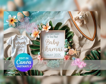 Anuncio de bebé surfista hawaiano: tema playero personalizado (tarjeta digital)