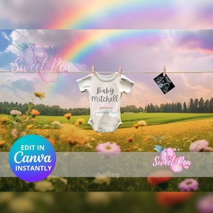 Faire-part de grossesse de bébé arc-en-ciel, faire-part de bébé sur le thème, modèle de carte numérique personnalisé personnalisé, champ de fleurs après chaque tempête
