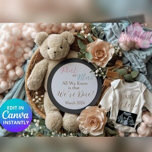 Faire-part de grossesse, faire-part de naissance floral, modèle de carte numérique personnalisé personnalisé garçon ou fille sexe rose ou bleu révélé