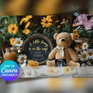 Faire-part de grossesse ours, Un petit Hunny est en route Révélation de bébé sur le thème des abeilles, modèle de carte numérique personnalisé personnalisé, modifiable