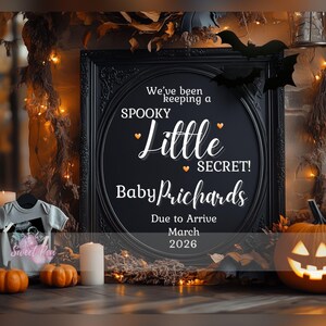 Faire-part de grossesse Halloween, bébé fantasmagorique, modèle de carte numérique personnalisé personnalisé, garder un petit secret effrayant MODIFIABLE