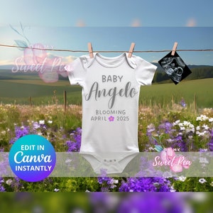 Faire-part de grossesse fleur sauvage, modèle de carte numérique personnalisé personnalisé, naissance neutre de bébé révéler l'arrivée du printemps en fleurs MODIFIABLE