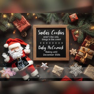 Faire-part de grossesse de Noël, Révélation de bébé pour les fêtes, Modèle de carte numérique personnalisé personnalisé, Biscuits du Père Noël, Arrivée de décembre