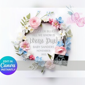 Faire-part de grossesse, faire-part de naissance floral, modèle de carte numérique personnalisé personnalisé garçon ou fille sexe rose ou bleu révélé