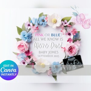 Faire-part de grossesse, faire-part de naissance floral, modèle de carte numérique personnalisé personnalisé garçon ou fille sexe rose ou bleu révélé