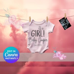 Faire-part de grossesse fumée rose, faire-part de bébé sur le thème d'une fille, modèle de carte numérique personnalisé personnalisé, révélation de genre surprise