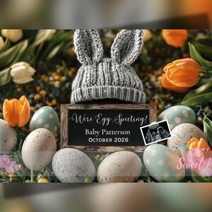 Faire-part de grossesse de Pâques, modèle de carte numérique personnalisé personnalisé, Naissance de bébé neutre révèlent l'arrivée du printemps en observant les œufs MODIFIABLE