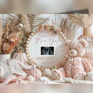 Es un anuncio de embarazo de niña, anuncio de bebé con temática rosa, plantilla de tarjeta digital personalizada editable, hermana, revelación de género