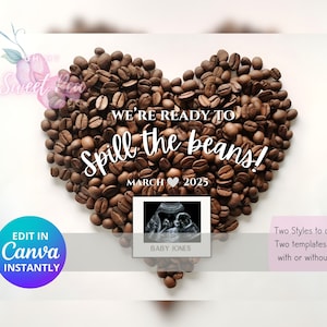 Faire-part de grossesse amateur de café, faire-part de bébé numérique, modèle de carte numérique personnalisé personnalisé, renverser les grains de bébé révéler