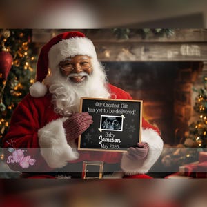 Faire-part de grossesse de Noël, Révélation de bébé de vacances, modèle de carte numérique personnalisé personnalisé, le plus beau cadeau encore le père Noël afro-américain