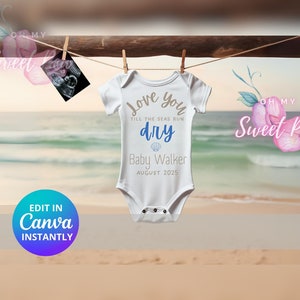 Faire-part de grossesse plage, faire-part de bébé numérique, modèle de carte numérique personnalisé personnalisé, bébé plage de sable océan vague calme