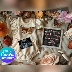 Faire-part de grossesse doux baies, faire-part pour bébé sur le thème fleur de fraise, modèle de carte numérique personnalisé personnalisé, noyau de chalet, modifiable