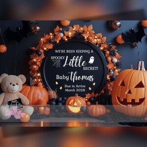 Faire-part de grossesse Halloween, bébé fantasmagorique, modèle de carte numérique personnalisé personnalisé, garder un petit secret effrayant MODIFIABLE