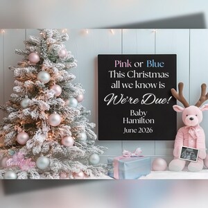 Faire-part de grossesse de Noël, Révélation de bébé pour les fêtes, Modèle de carte numérique personnalisé personnalisé, Révélation de genre rose ou bleu We're Due