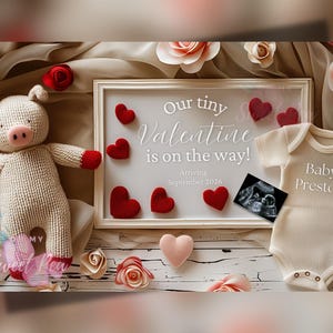 Faire-part de grossesse pour la Saint-Valentin, faire-part de bébé, modèle de carte numérique personnalisé modifiable, Notre petite Saint-Valentin est en route !