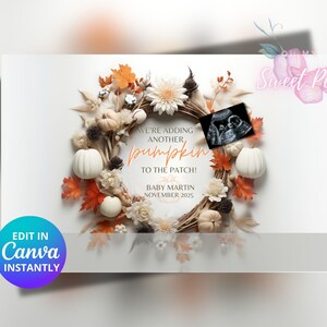 Faire-part de grossesse automne, faire-part de bébé d'Halloween, modèle de carte numérique personnalisé personnalisé, ajout d'une autre citrouille à l'écusson