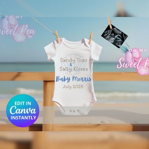 Faire-part de grossesse plage, faire-part de bébé numérique, modèle de carte numérique personnalisé personnalisé, calme vague océan plage de sable salé