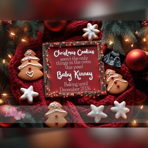 Faire-part de grossesse pour Noël, Révélation de bébé pour les fêtes, Modèle de carte numérique personnalisé personnalisé, Biscuits de Noël au four Arrivée de décembre