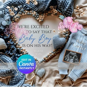 Faire-part de grossesse coeur bleu bébé, faire-part sur le thème bébé bleu, modèle de carte numérique personnalisé personnalisé, sexe révélateur, c'est un garçon