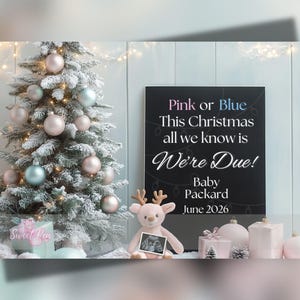 Faire-part de grossesse de Noël, Révélation de bébé pour les fêtes, Modèle de carte numérique personnalisé personnalisé, Révélation de genre rose ou bleu We're Due
