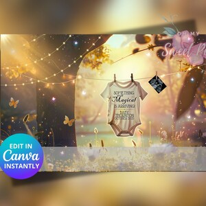 Faire-part de grossesse magique, dévoilement de bébé sur le thème, modèle de carte numérique personnalisé personnalisé, noyau de cottage sombre papillons, modifiable