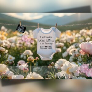 Faire-part de grossesse de printemps, modèle de carte numérique personnalisé modifiable, annonce de naissance de bébé, arrivée de petite floraison la plus douce
