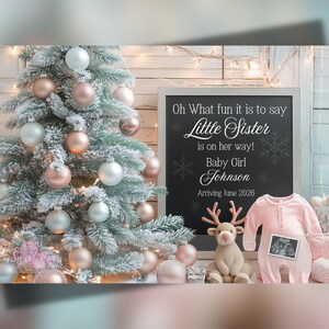 Faire-part de grossesse de Noël, Révélation de bébé pour les fêtes, Modèle de carte numérique personnalisé personnalisé, Petite soeur est en route, Pastel