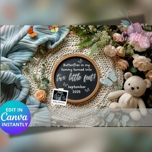 Faire-part de grossesse de bébé papillon, faire-part de grossesse sur le thème des fleurs, modèle de carte numérique personnalisé personnalisé, papillons dans le ventre, modifiable