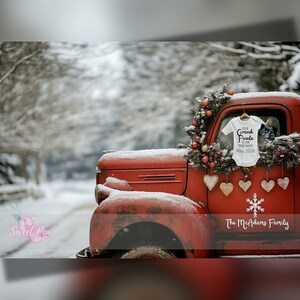 Faire-part de grossesse de Noël, annonce bébé pour les fêtes, modèle de carte numérique personnalisé personnalisé, petit camion rouge vintage, grand final