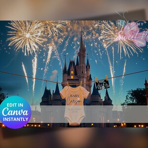 Faire-part de grossesse numérique de feux d'artifice magiques, faire-part de bébé, modèle de carte numérique personnalisé personnalisé, château de Cendrillon unique