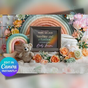 Anuncio de embarazo de Rainbow Baby, plantilla de tarjeta digital personalizada EDITABLE, Forecast Sunny y Rainbow No puedo esperar para conocerte