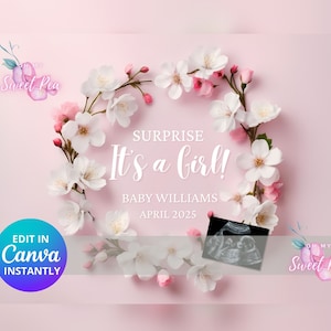 C'est un faire-part de grossesse pour fille, faire-part de bébé floral rose simple, sexe révélateur, modèle de carte numérique personnalisé personnalisé MODIFIABLE